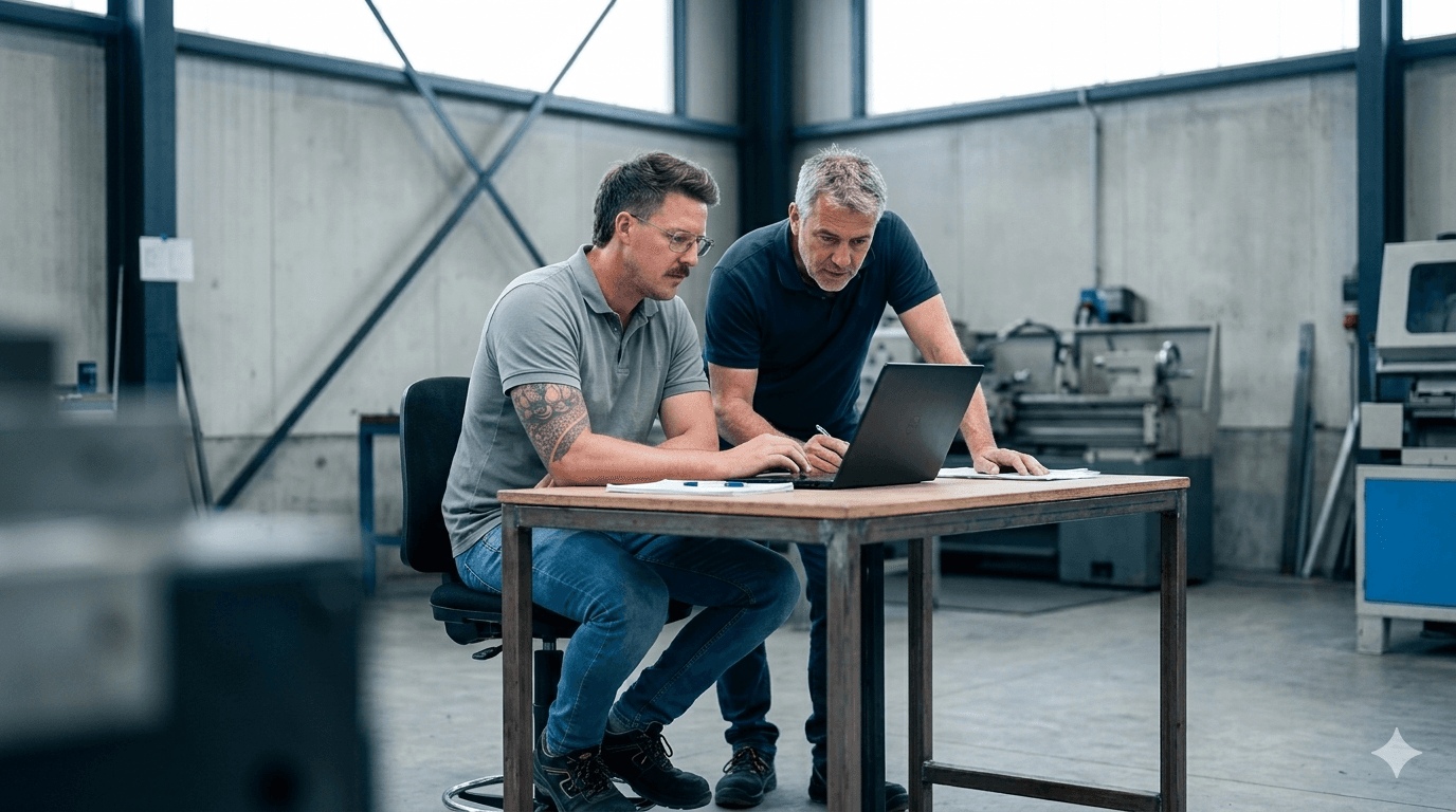Marv arbeitet mit einem Kunden am Laptop in der Werkstatt